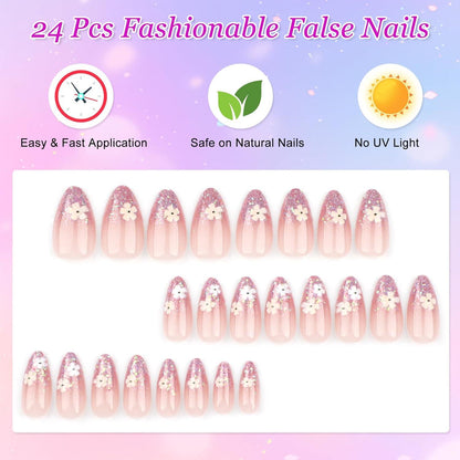 24 Stk Künstliche Nägel Mandel Glitzer Nude French Tip Nägel Blumen