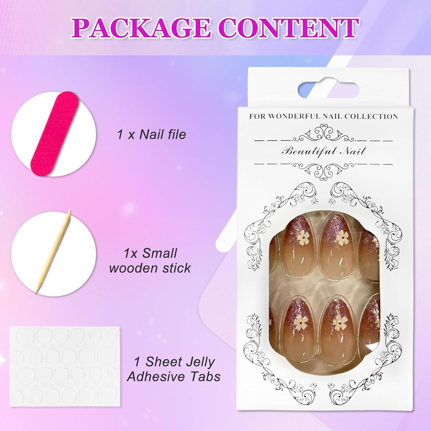 24 Stück Mandel Glitzer Nude French Tips Nägel zum Aufkleben