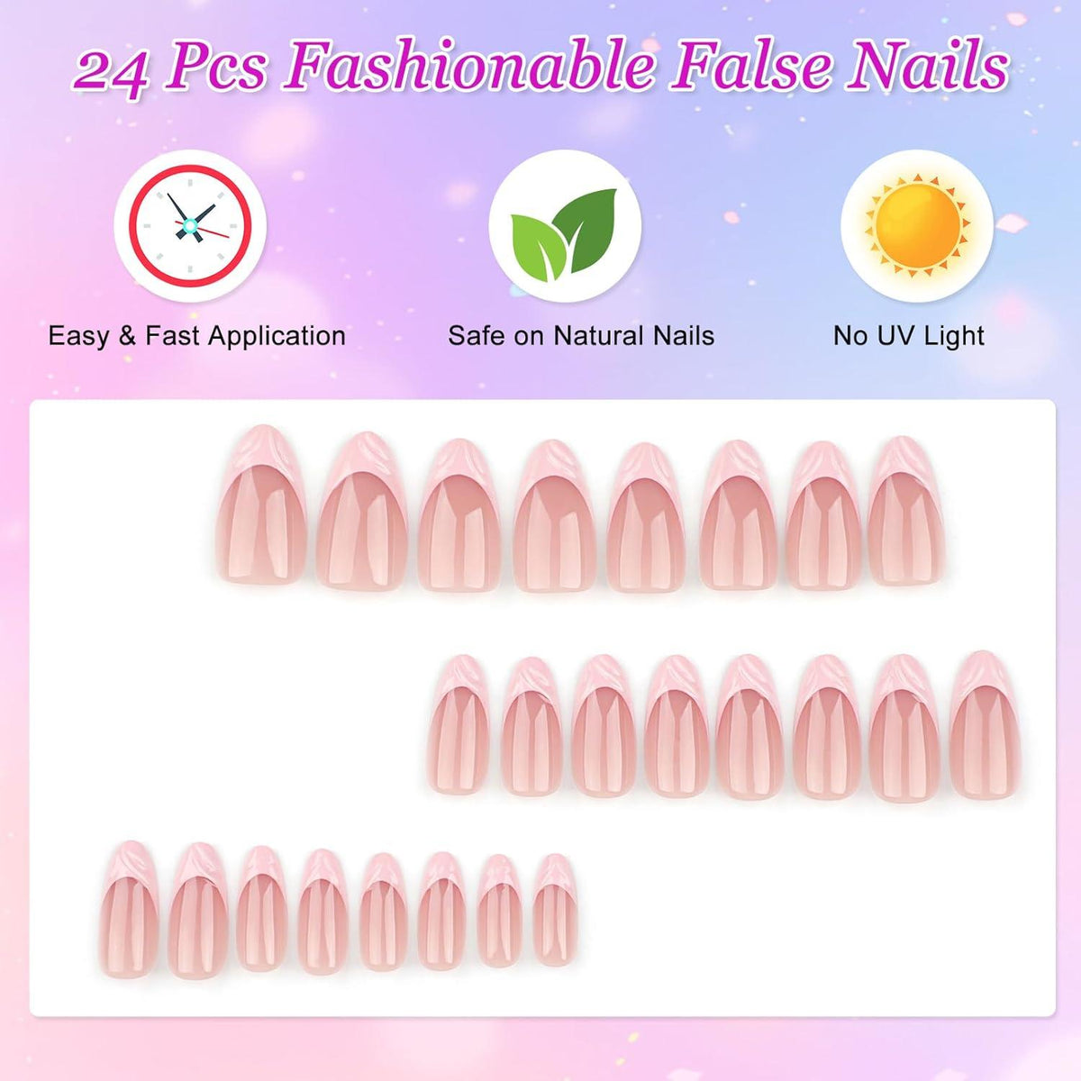 24er Set Kurze Mandelförmige Künstliche Nägel Nude French Rosa
