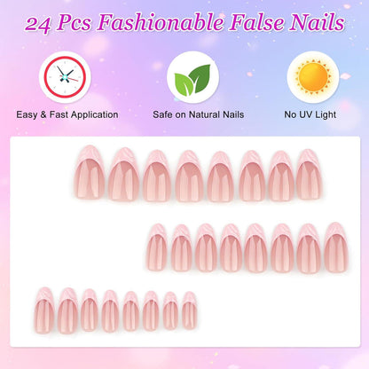 24er Set Kurze Mandelförmige Künstliche Nägel Nude French Rosa