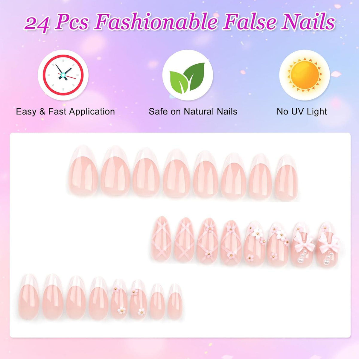 24 Stück Künstliche Nägel Mandel Nude French Weiß Tips Falsche Nägel