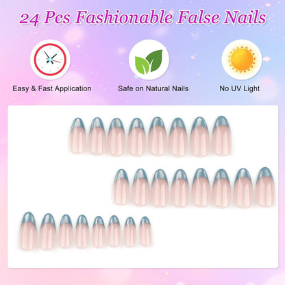 24er Set Press on Nails Mandel French Grün Nude Glänzend