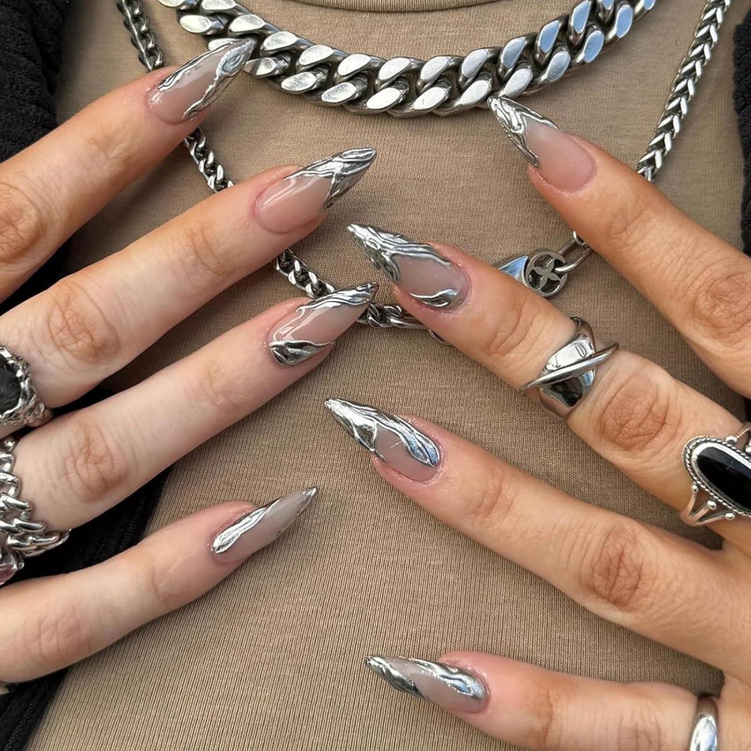 Künstliche Nägel Mandel Lang Glänzend 3D Silber French Tips, Full