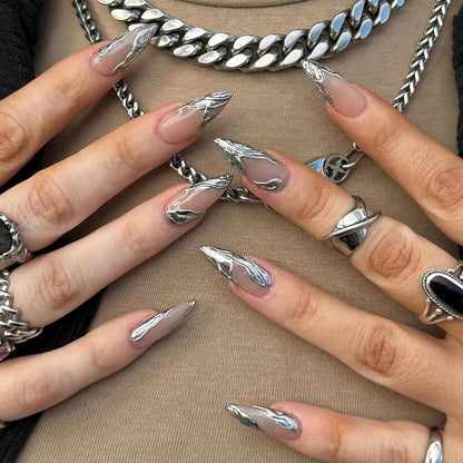 Künstliche Nägel Mandel Lang Glänzend 3D Silber French Tips, Full