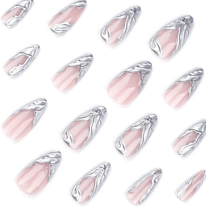 24 Künstliche Nägel Mandel Silber Glänzend French Tips Acryl
