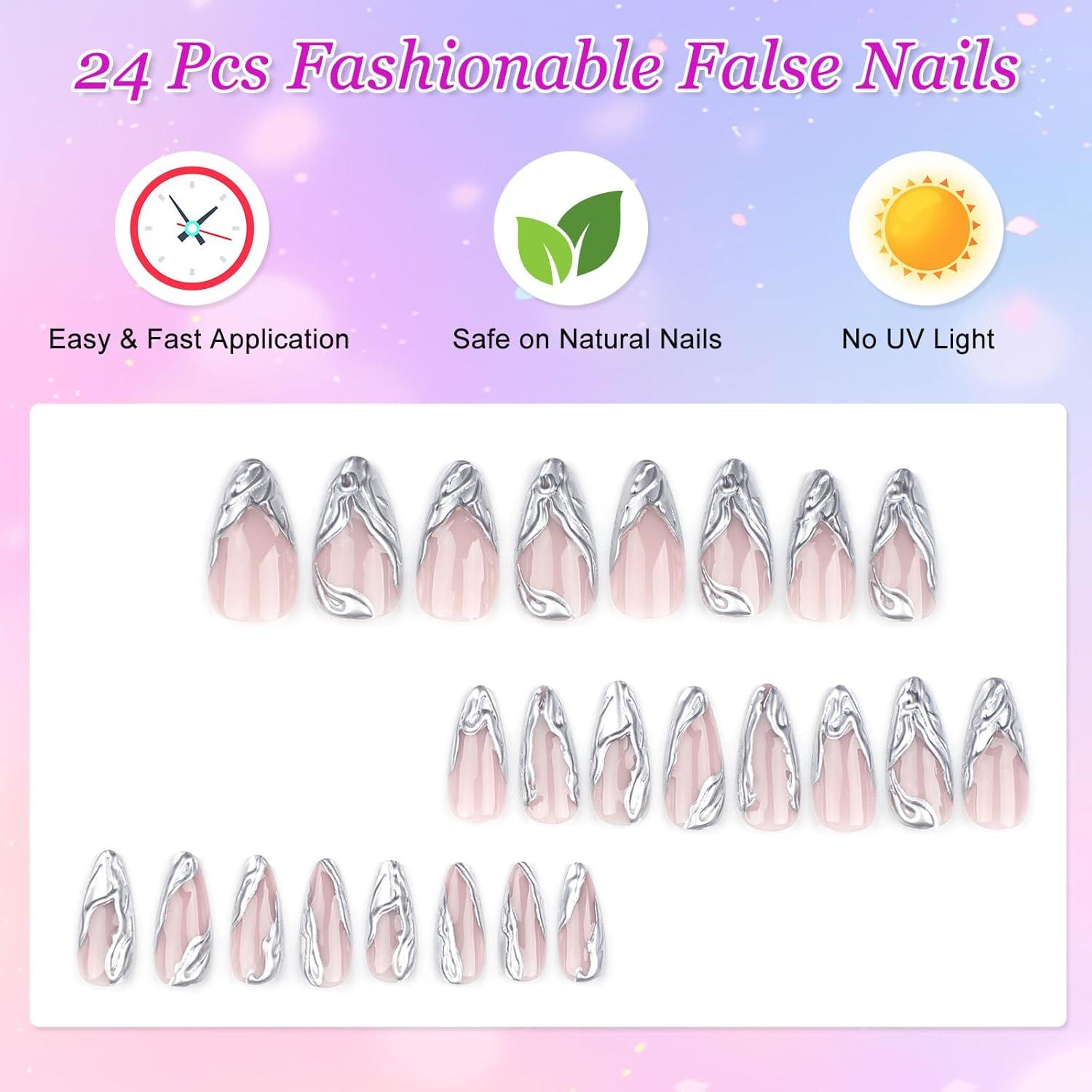 Künstliche Nägel Mandel Lang Glänzend 3D Silber French Tips, Full