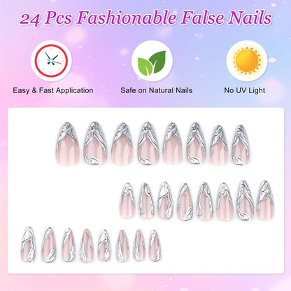 Künstliche Nägel Mandel Lang Glänzend 3D Silber French Tips, Full