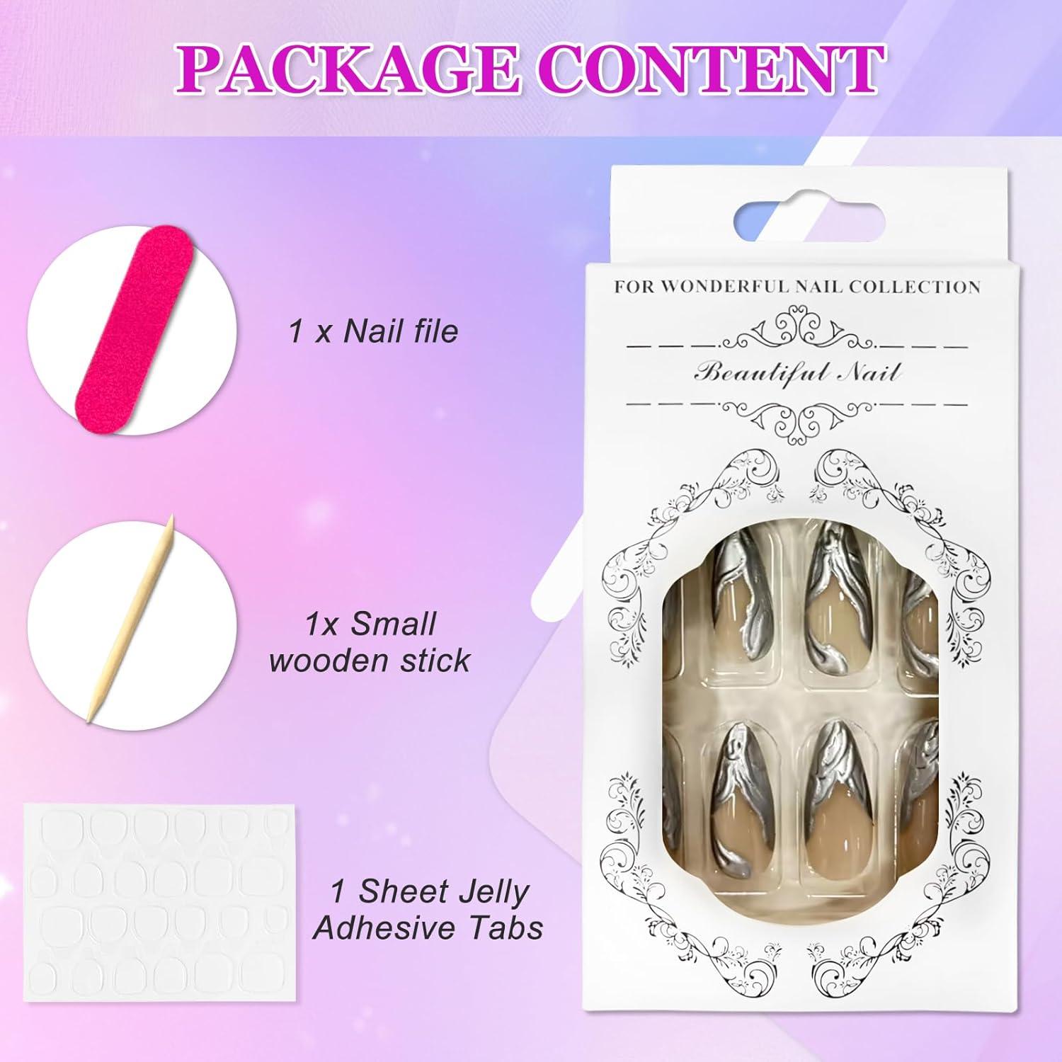 24 Künstliche Nägel Mandel Lang Glänzend Silberne French Tips full