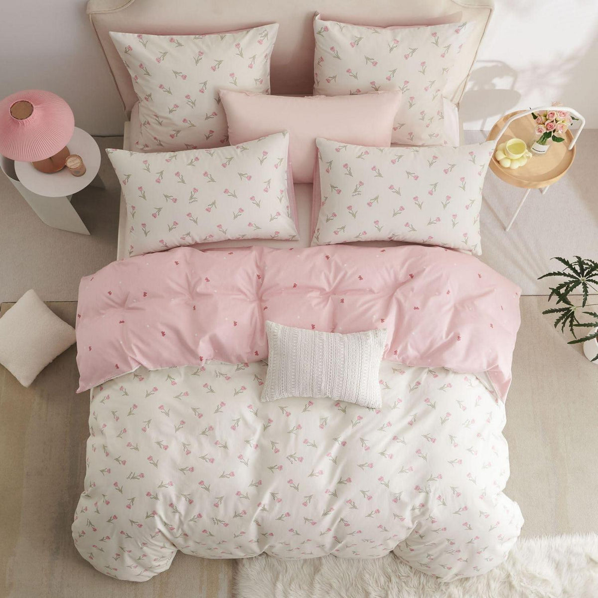 Baumwoll Bettwäsche Set Blumen Weiß Rosa 155x220 cm