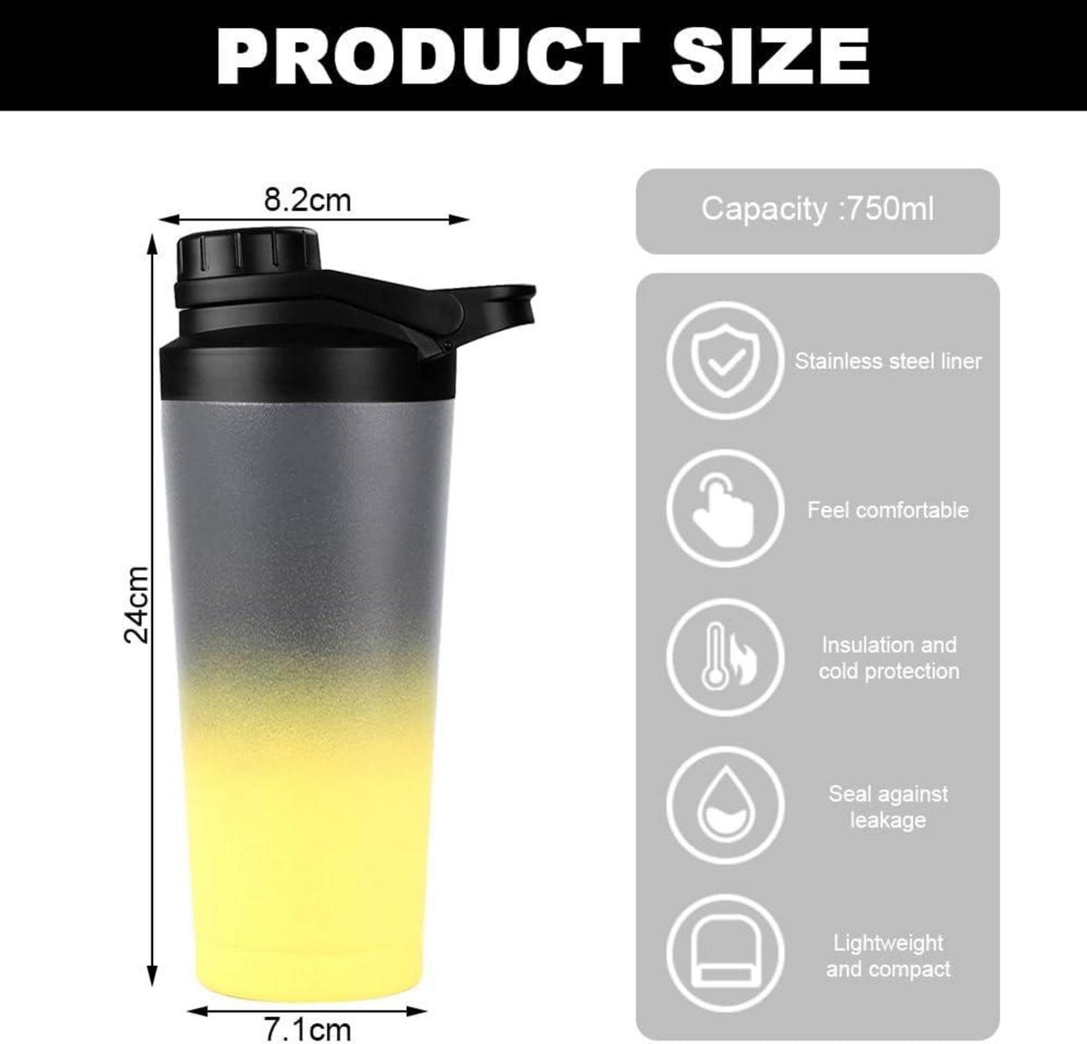 EACHPT Proteinshaker 750ml | Edelstahl Doppelwandig Vakuum