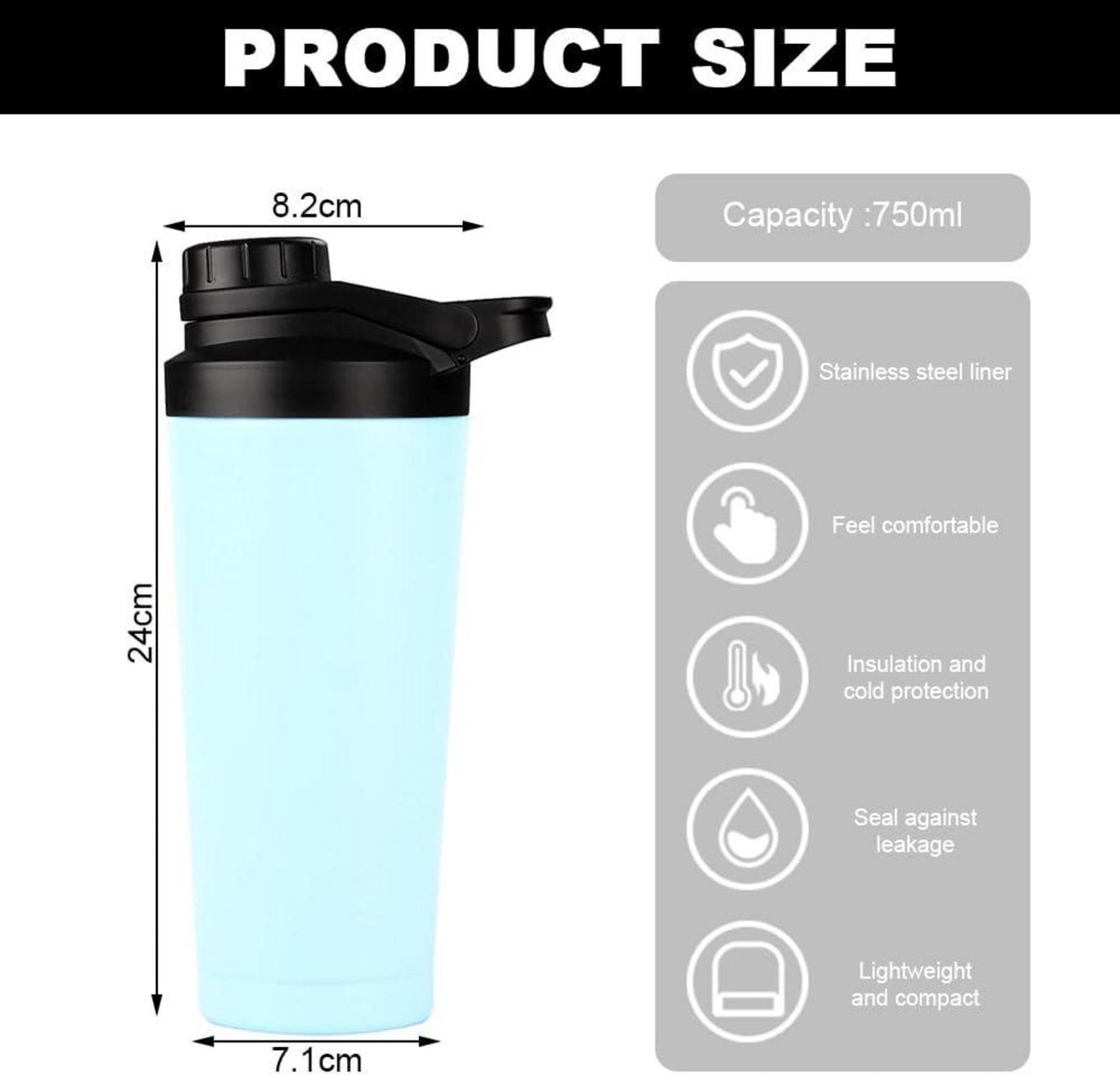 EACHPT Protein Shaker 750ML | Edelstahl Doppelwandig Vakuum