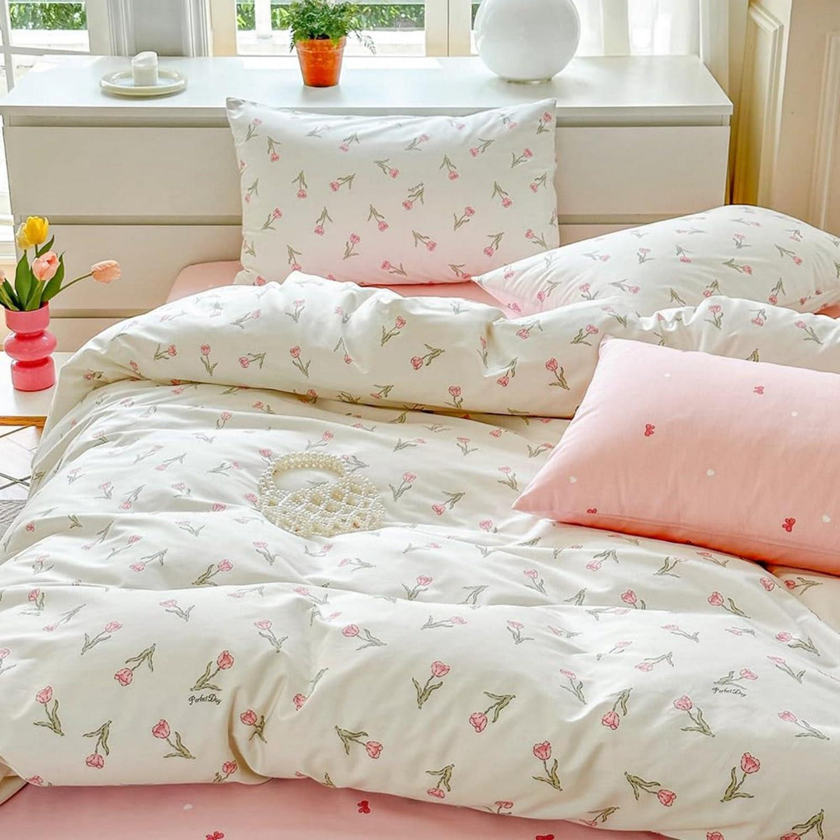 Baumwoll Bettwäsche Set 200x220 mit Blumenmuster Rosa Weiß