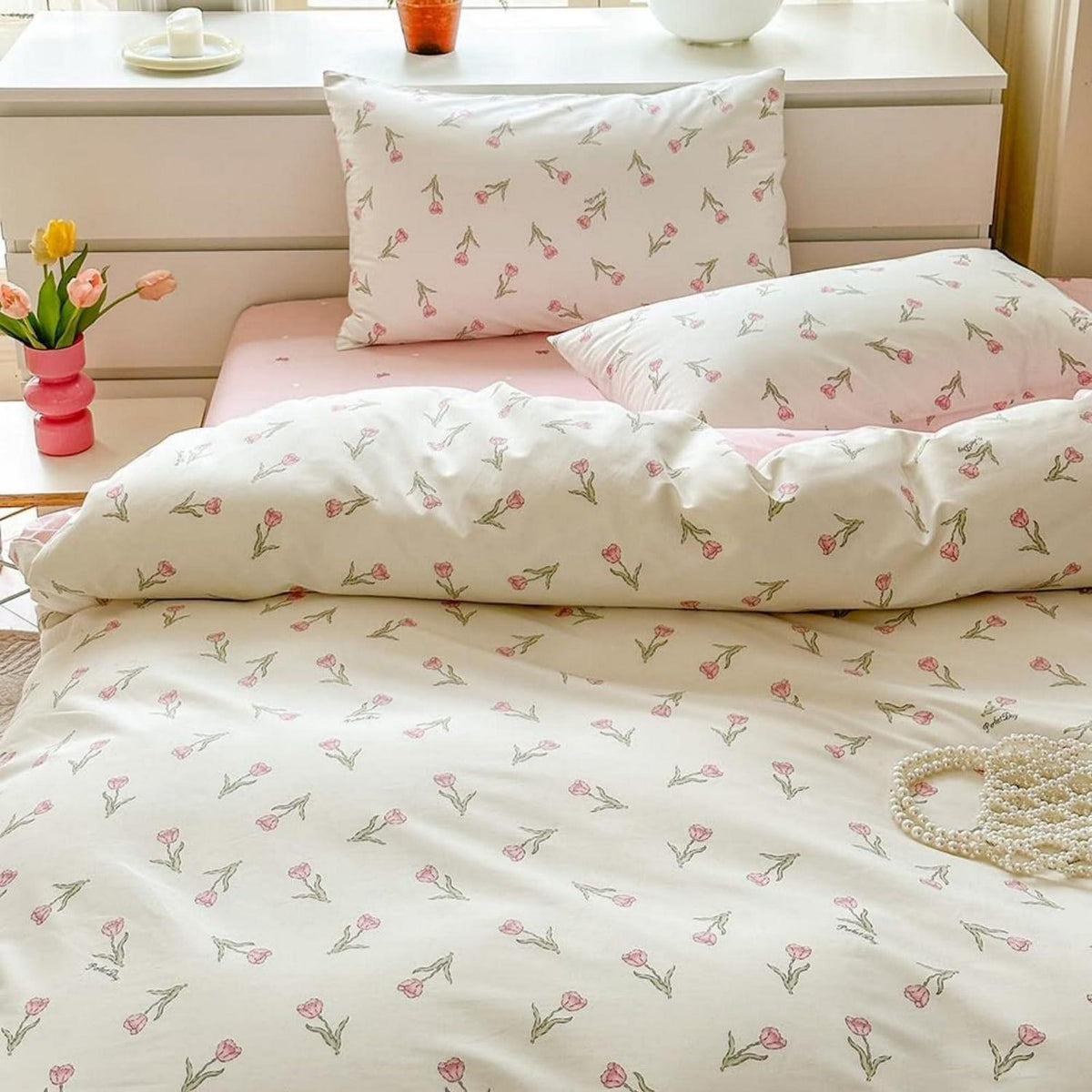 Baumwoll Bettwäsche Set 200x220 mit Blumenmuster Rosa Weiß