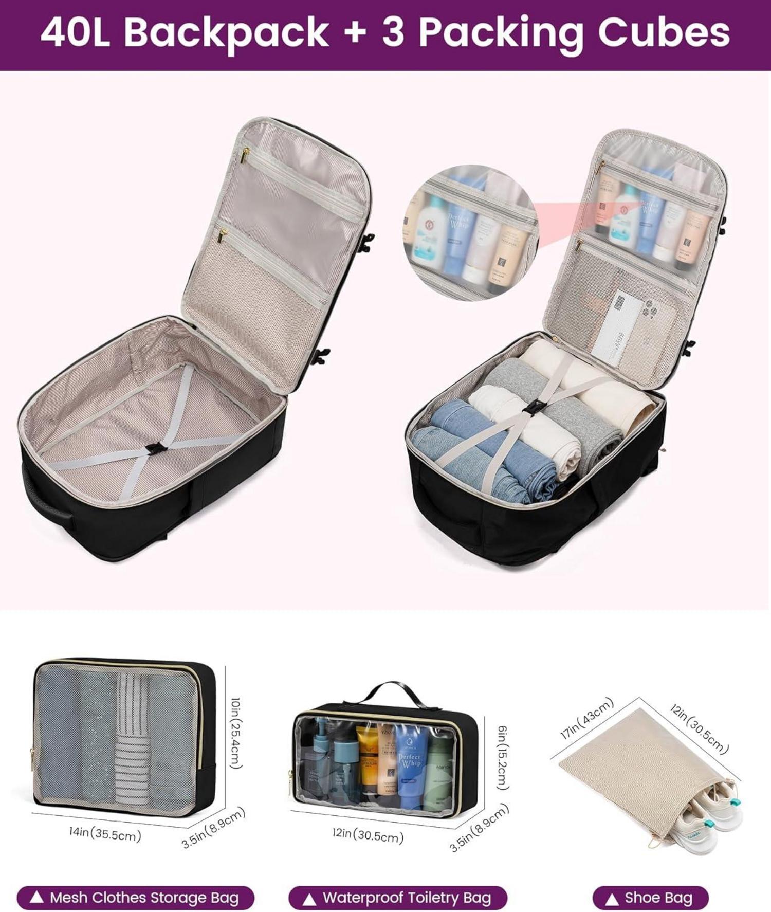 Reiserucksack Damen 40L Groß mit 3 Packing Cubes, Wasserdicht 17 Zoll Laptop Rucksack Travel Backpack Weekender für Reise Arbeit Wandern