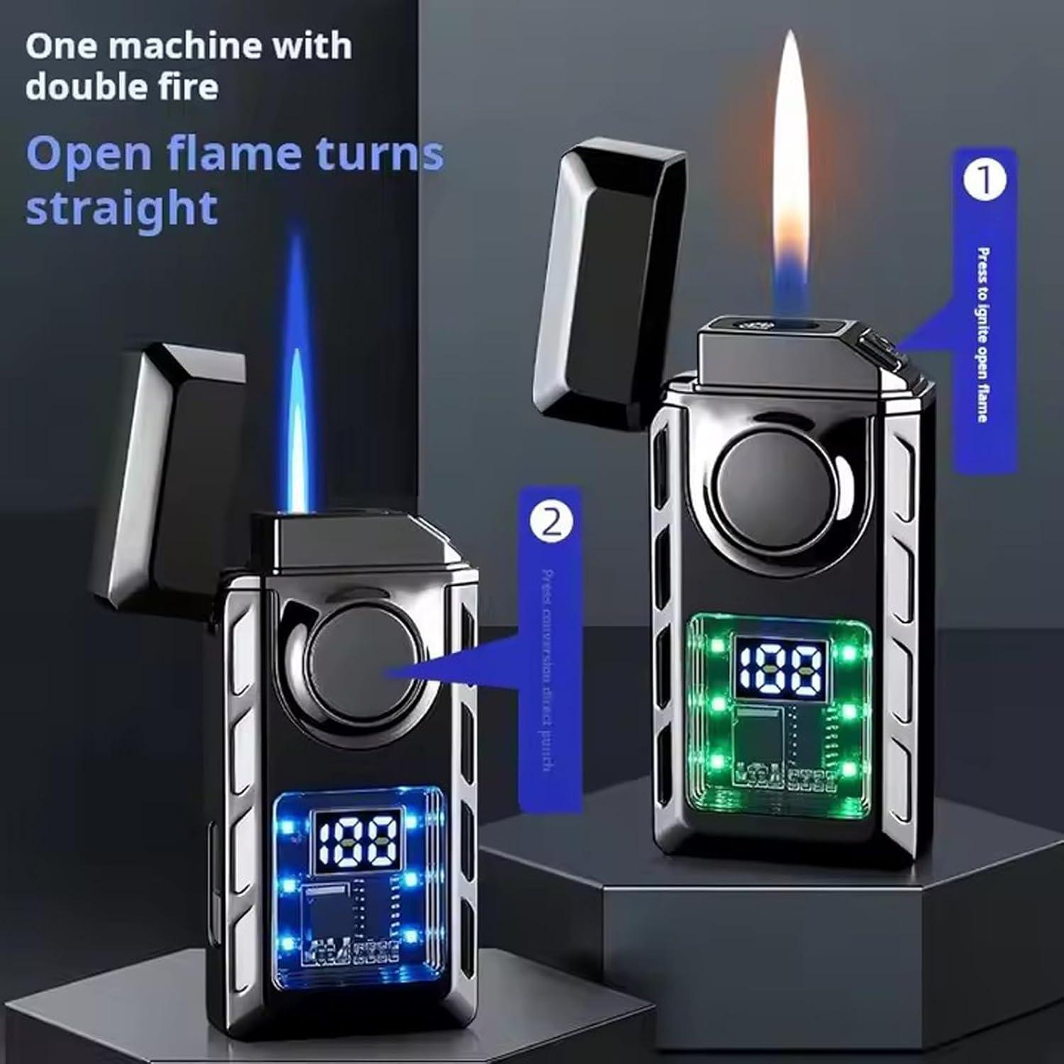 Multi-Functional Dual Flame Lighter with Colored Lights, Blue