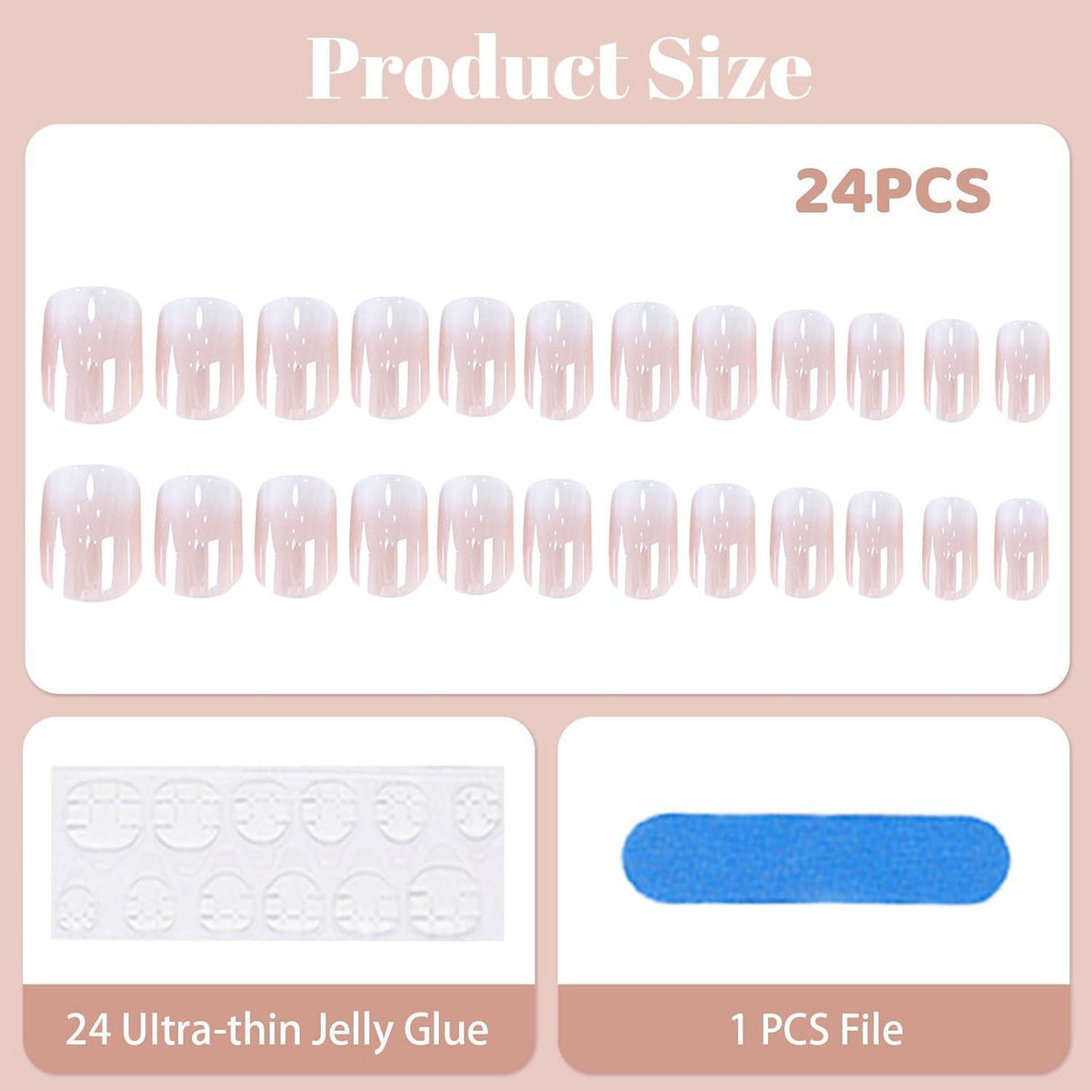 24er Set Kurze Chrom Falsch Nägel mit French Design