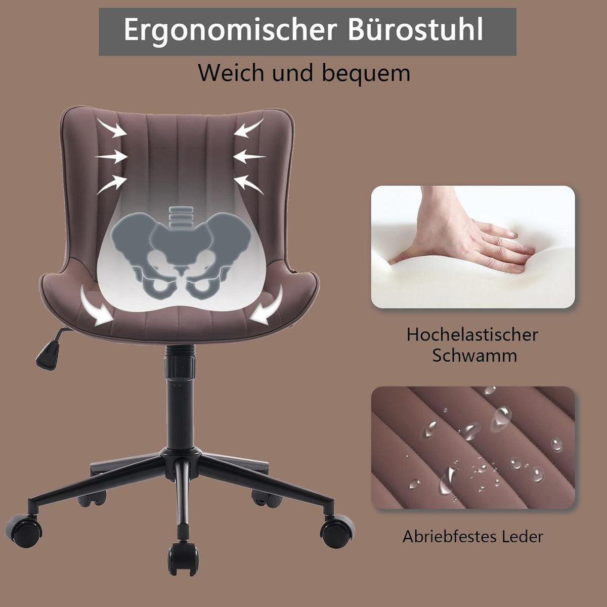 Ergonomischer Bürostuhl in Lederoptik, Wippfunktion, 136 kg belastbar, Braun