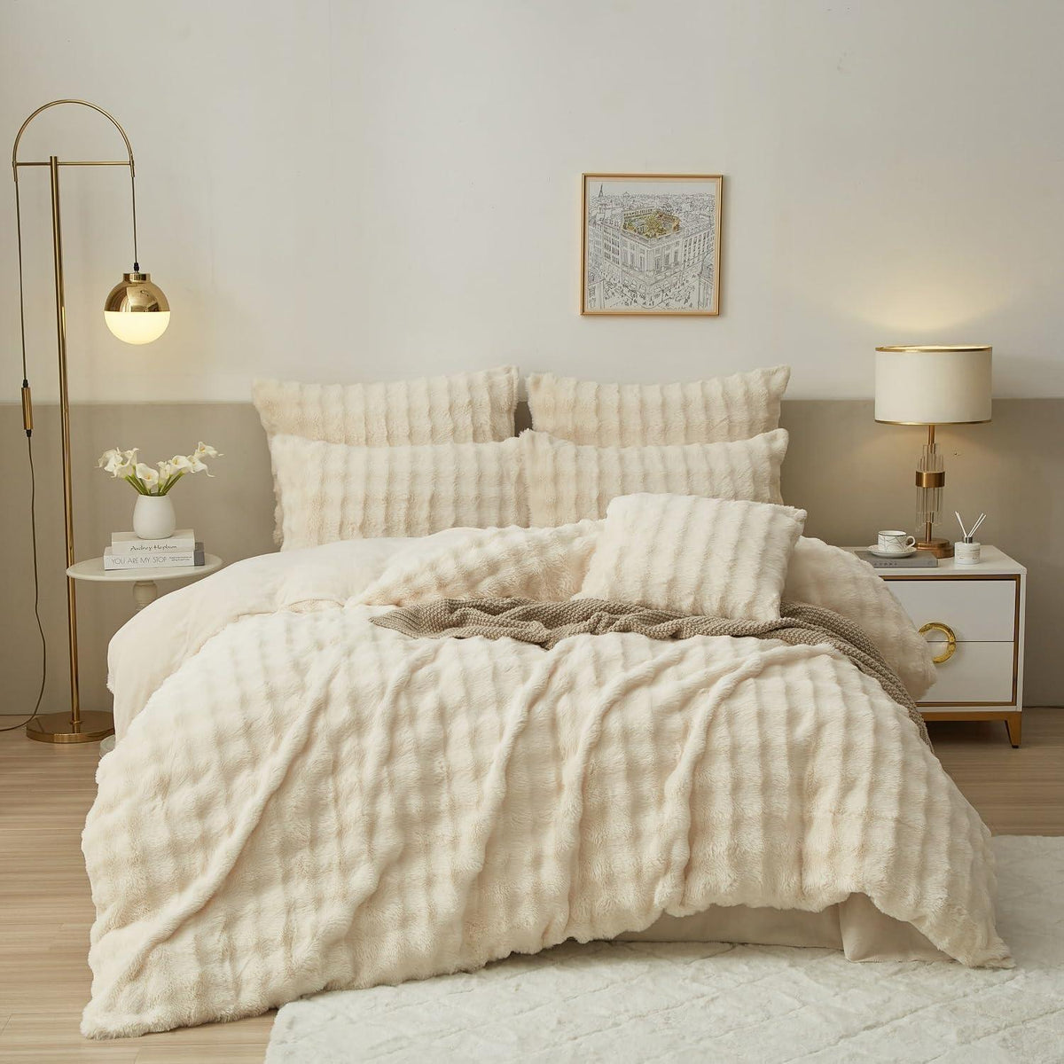 Flauschige Kaninchenfell Bettwäsche 135x200 cm Creme Weiß