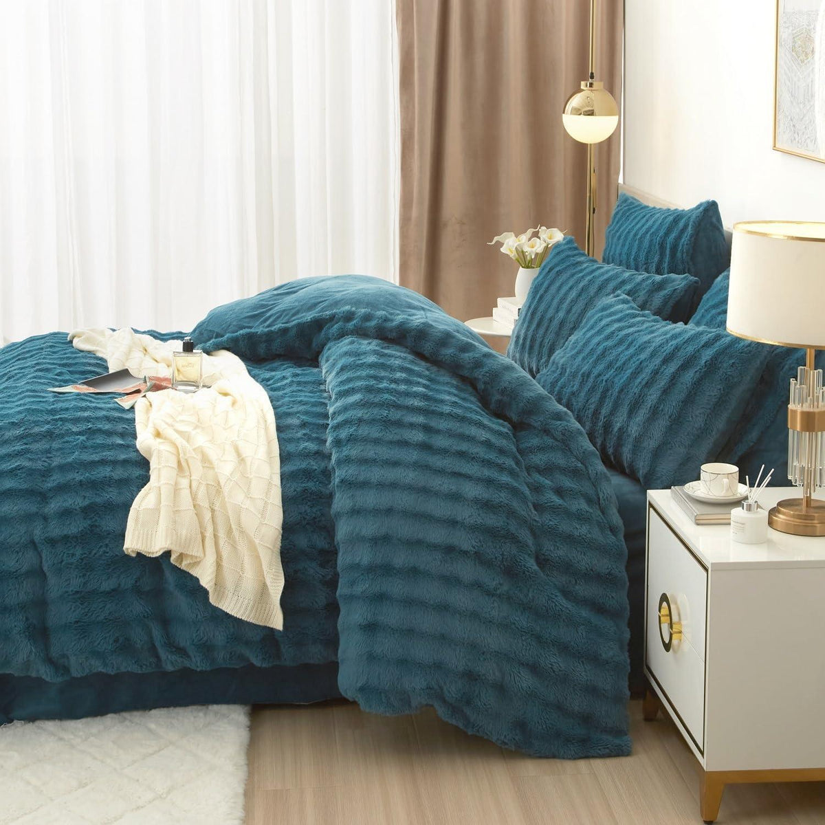 Flauschige Winter Bettwäsche Set 155x220cm Petrol Blau