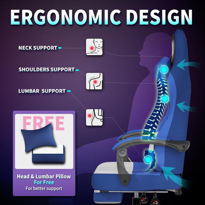 Ergonomischer Gaming Stuhl mit Massage & Fußstütze, Schwarz