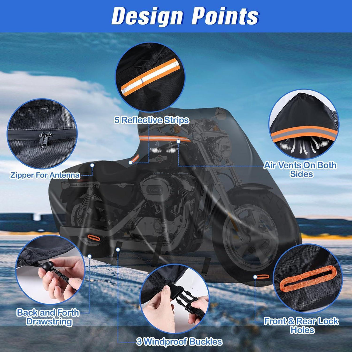 Motorradabdeckung wasserdicht 600D mit Reflektoren & Tasche