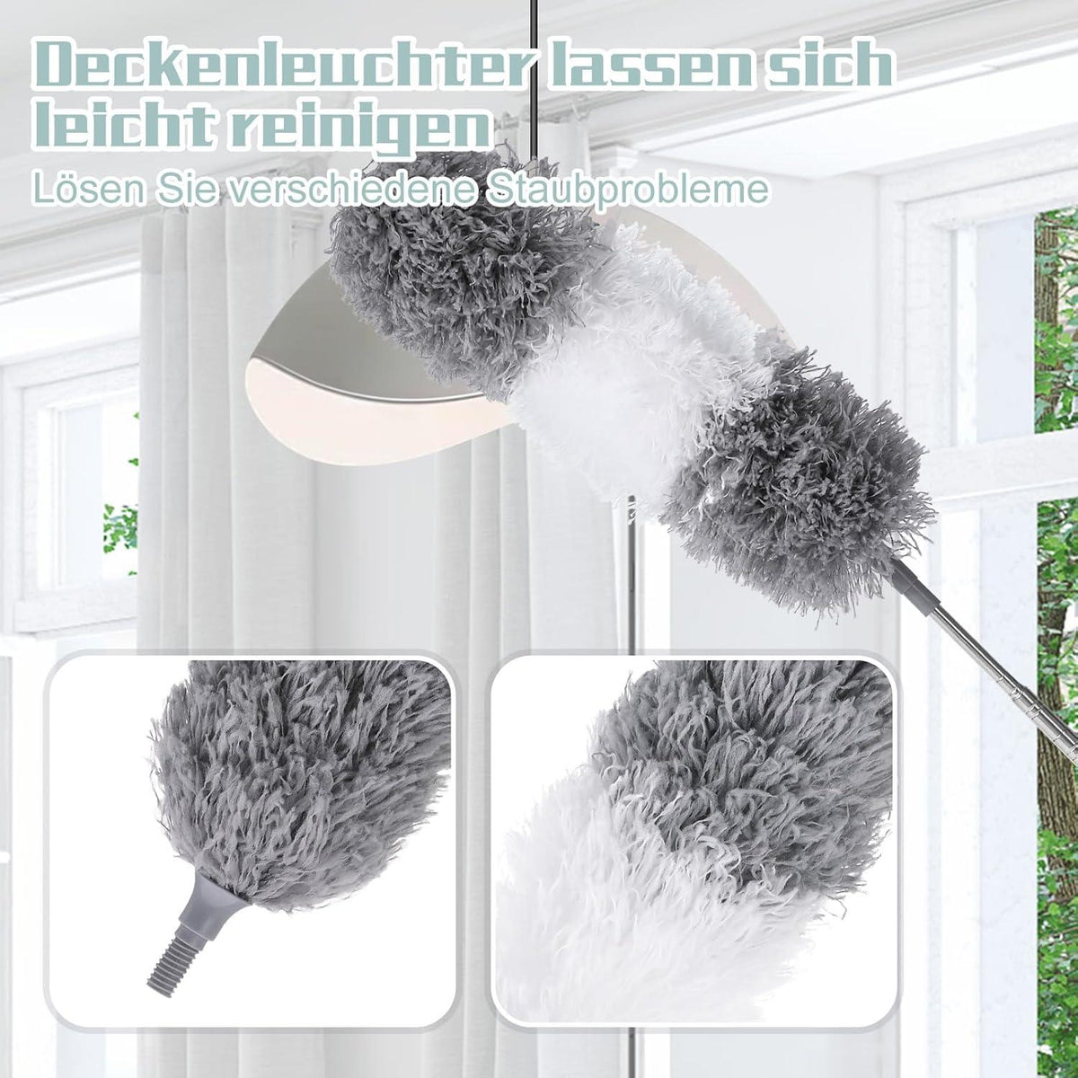 Lvefyti Grau Staubwedel Teleskop Waschbar Flach Eckbesen mit Edelstahl Teleskopstange