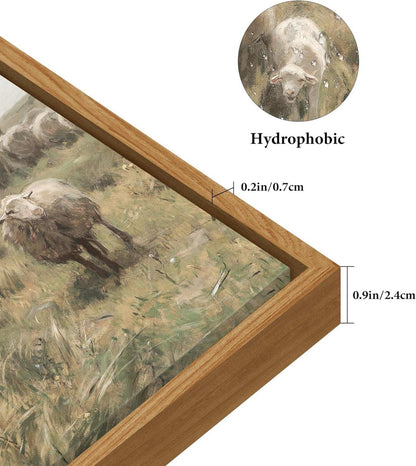 Vintage Leinwandbild mit Schafherde auf Wiese, Holzrahmen 60x90cm