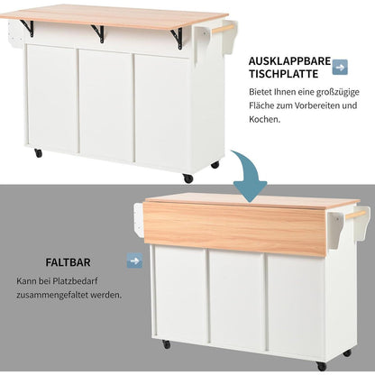 Klappbare Kücheninsel mit Schubladen & Ablage – Weiß