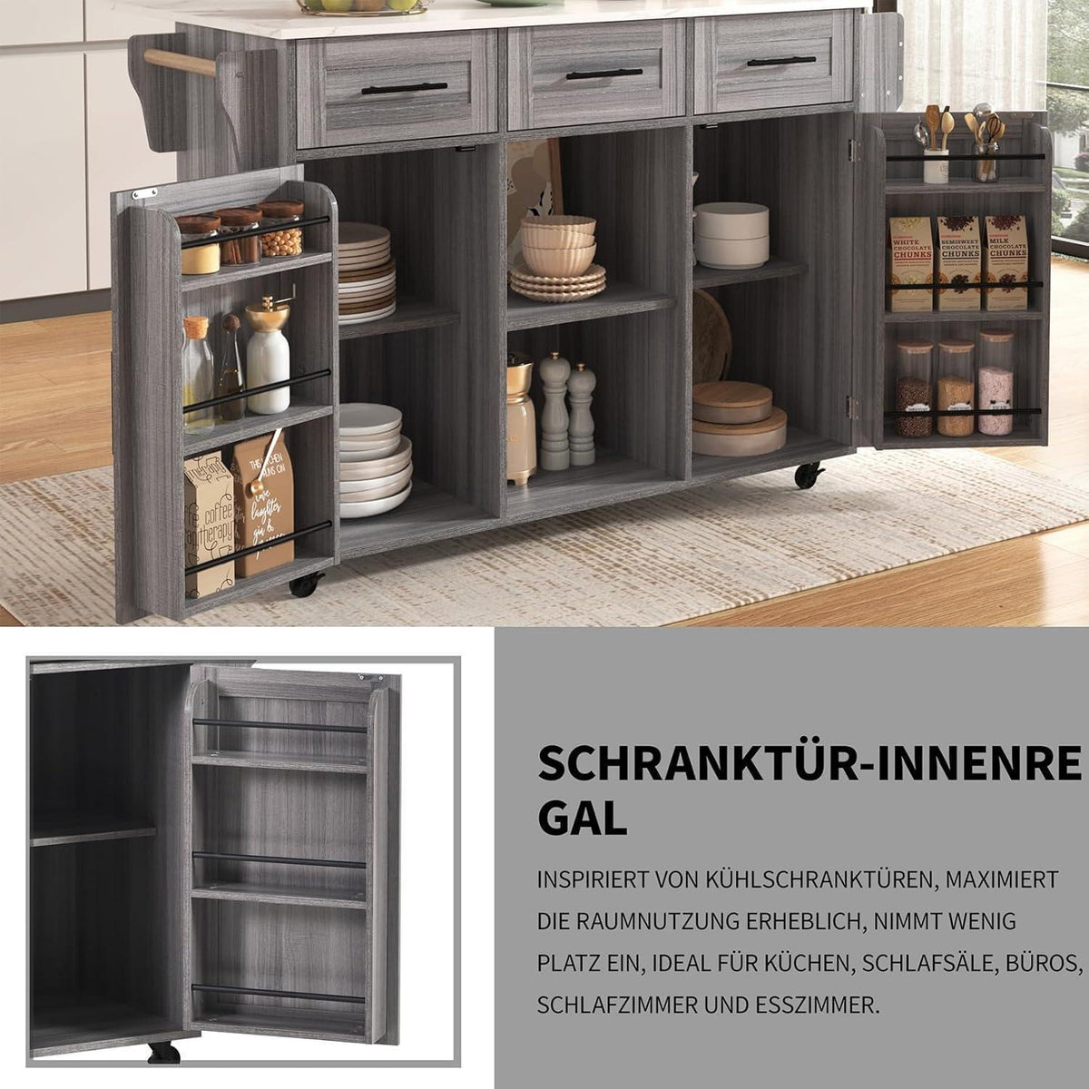 Klappbare Kücheninsel mit Schubladen & Ablage – Gray