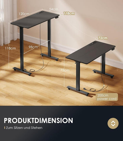 OffiGo Höhenverstellbarer Schreibtisch Schwarz 120cm USB Standing Desk