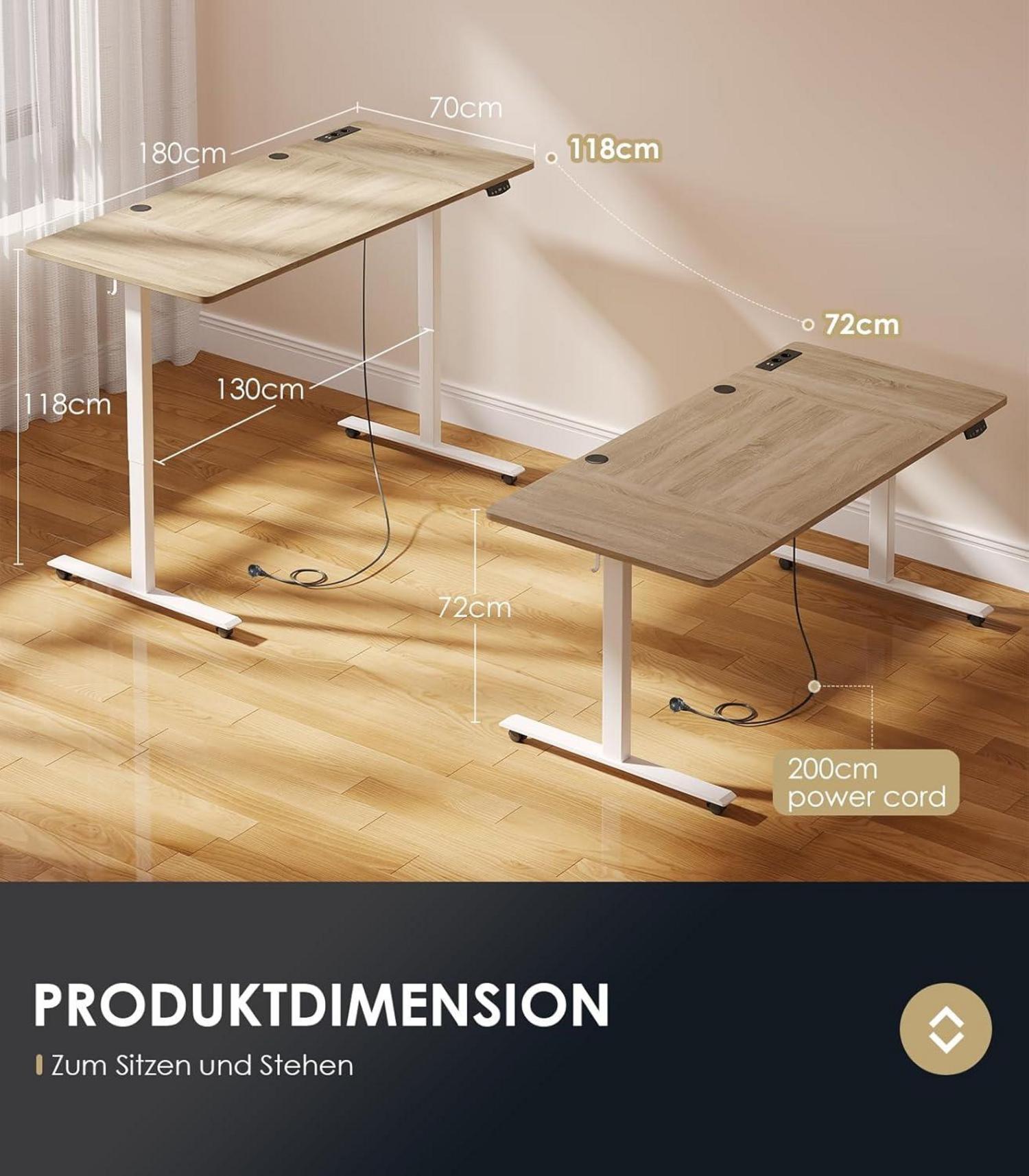 Höhenverstellbarer Schreibtisch 180cm elektrisch mit USB-Port und Memory Funktion