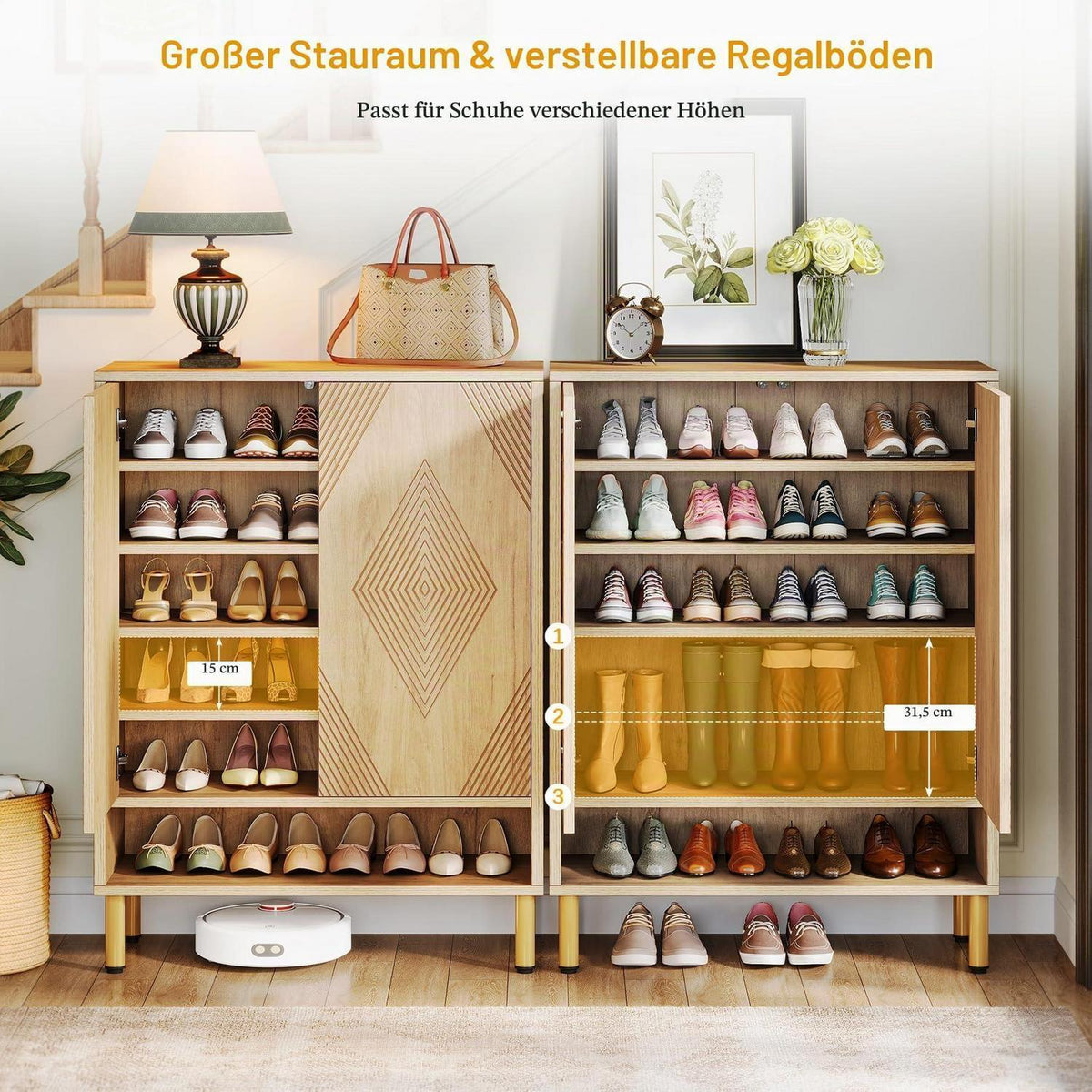 Schuhschrank mit 2 Türen & Goldrahmen – 25 Paar Schuhe