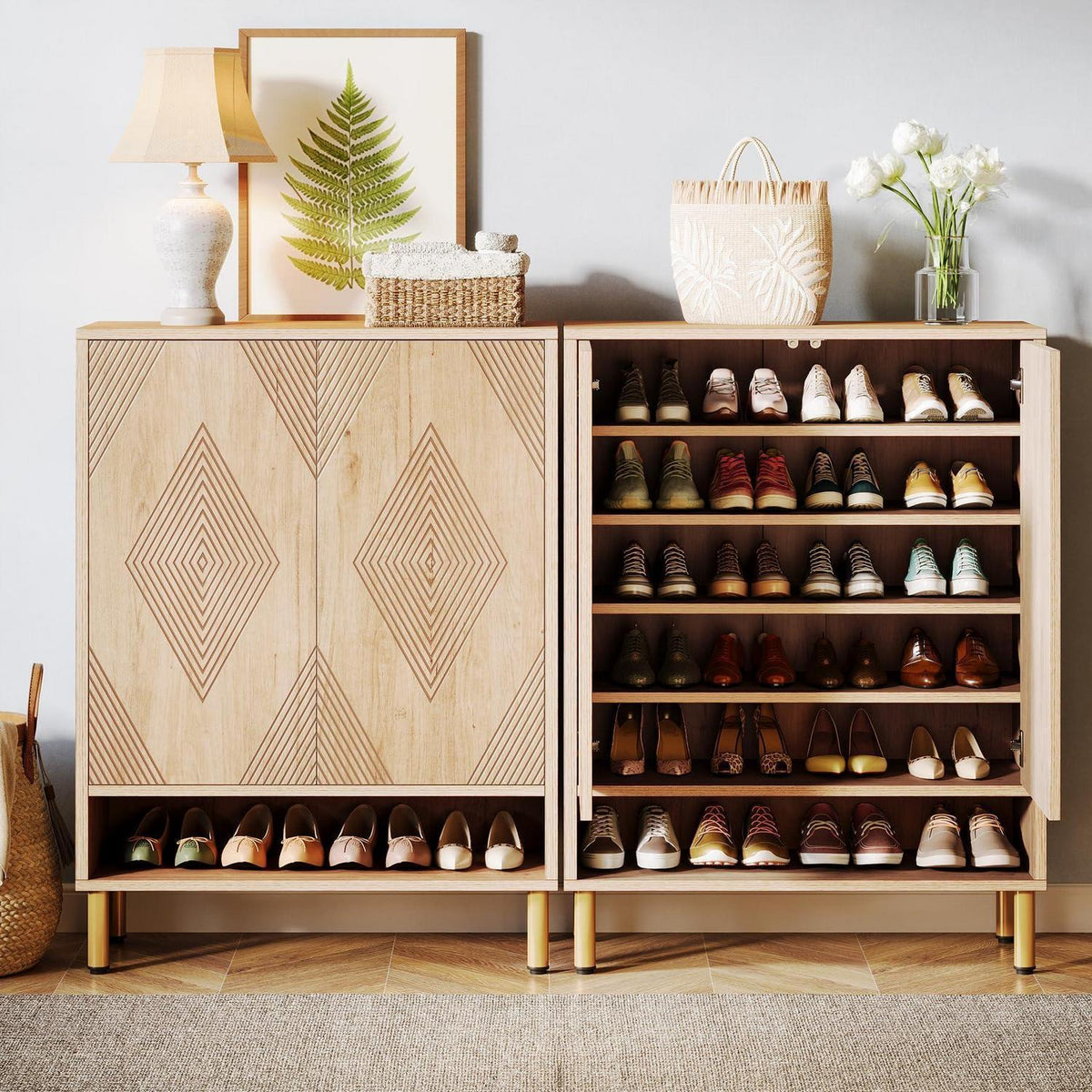 Schuhschrank mit 2 Türen & Goldrahmen – 25 Paar Schuhe