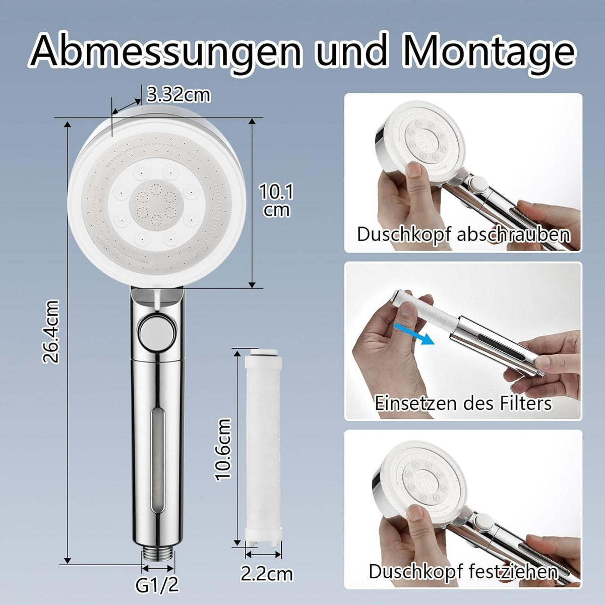 Duschkopf mit 4 PP-Filtern, 5 Strahlarten, Wassersparend, Chrom/Weiß