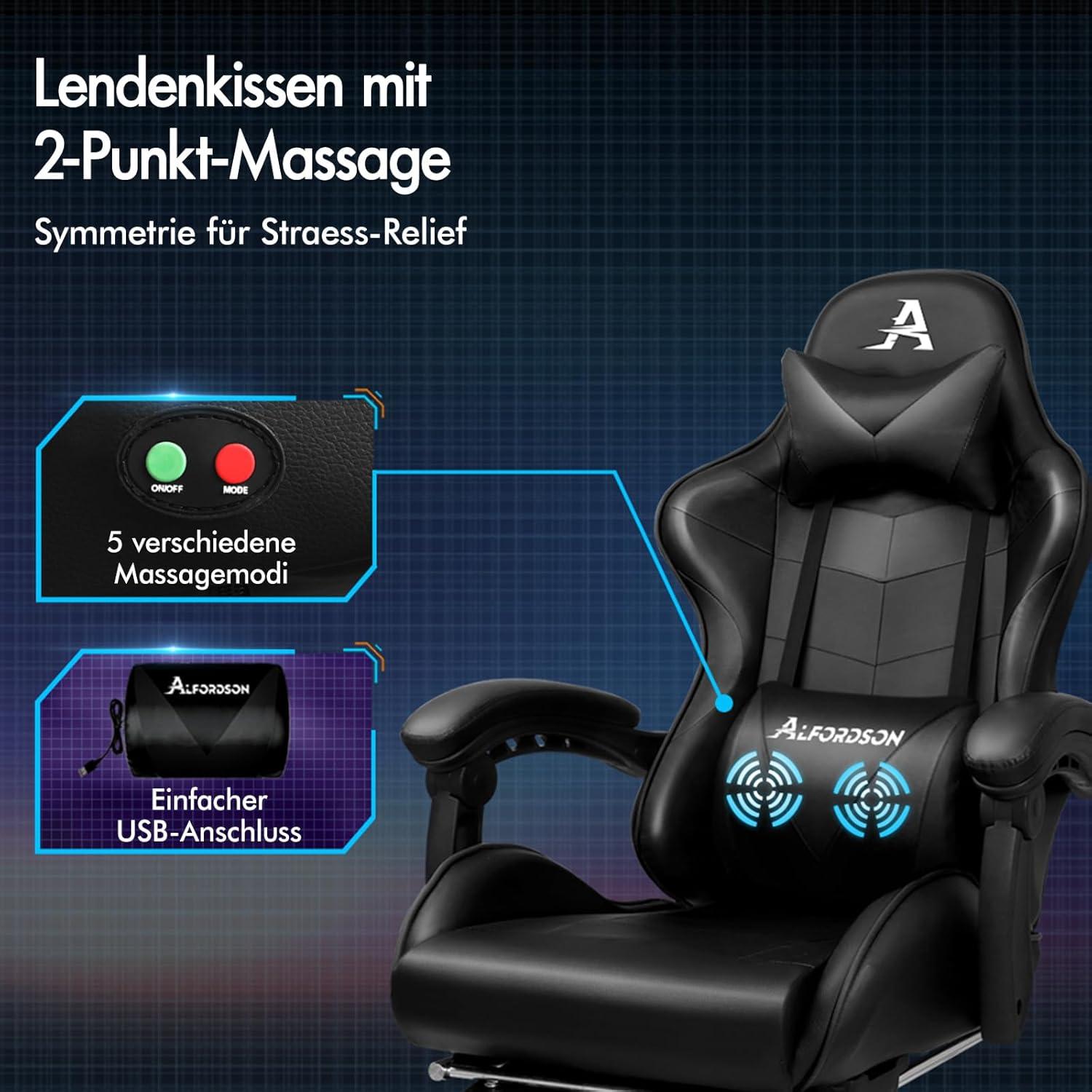 ALFORDSON Gaming-Stuhl Massage Bürostuhl PU-Leder Schwarz 180 kg