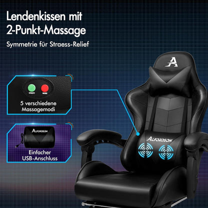 ALFORDSON Gaming-Stuhl Massage Bürostuhl PU-Leder Schwarz 180 kg