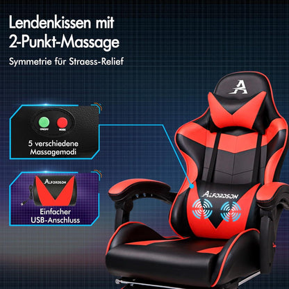 Massage-Gaming-Stuhl mit Neigung und Fußstütze, ergonomischer