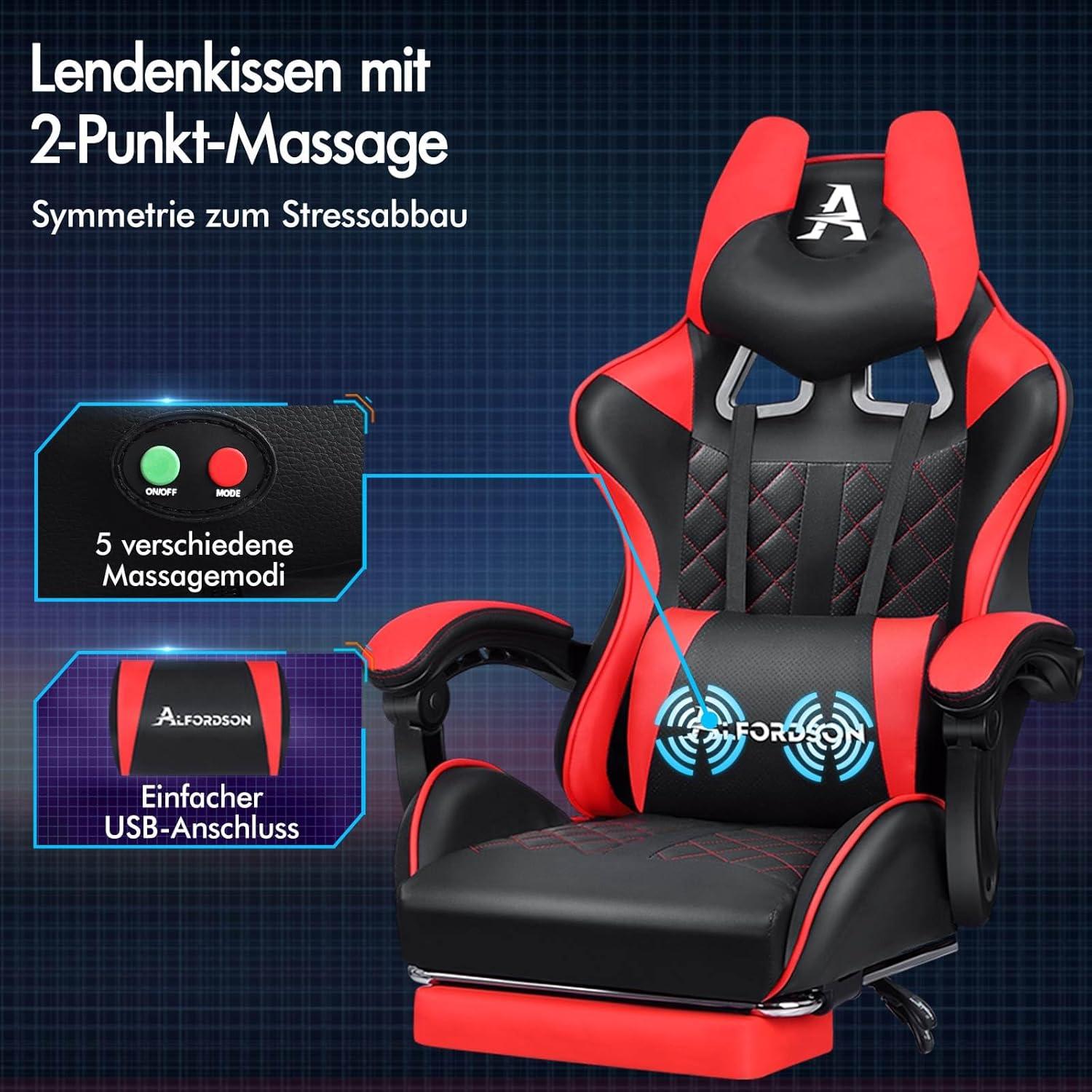 Gaming-Bürostuhl mit Fußstütze, Lendenkissen, 150° Neigung, Rot