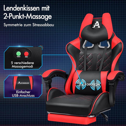 Gaming-Bürostuhl mit Fußstütze, Lendenkissen, 150° Neigung, Rot