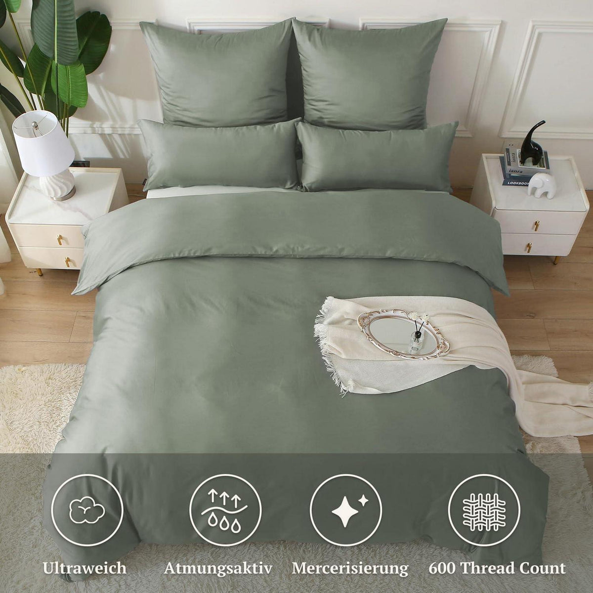Satin Bettwäsche Set 220x240 Baumwolle, 3-teilig, Grau