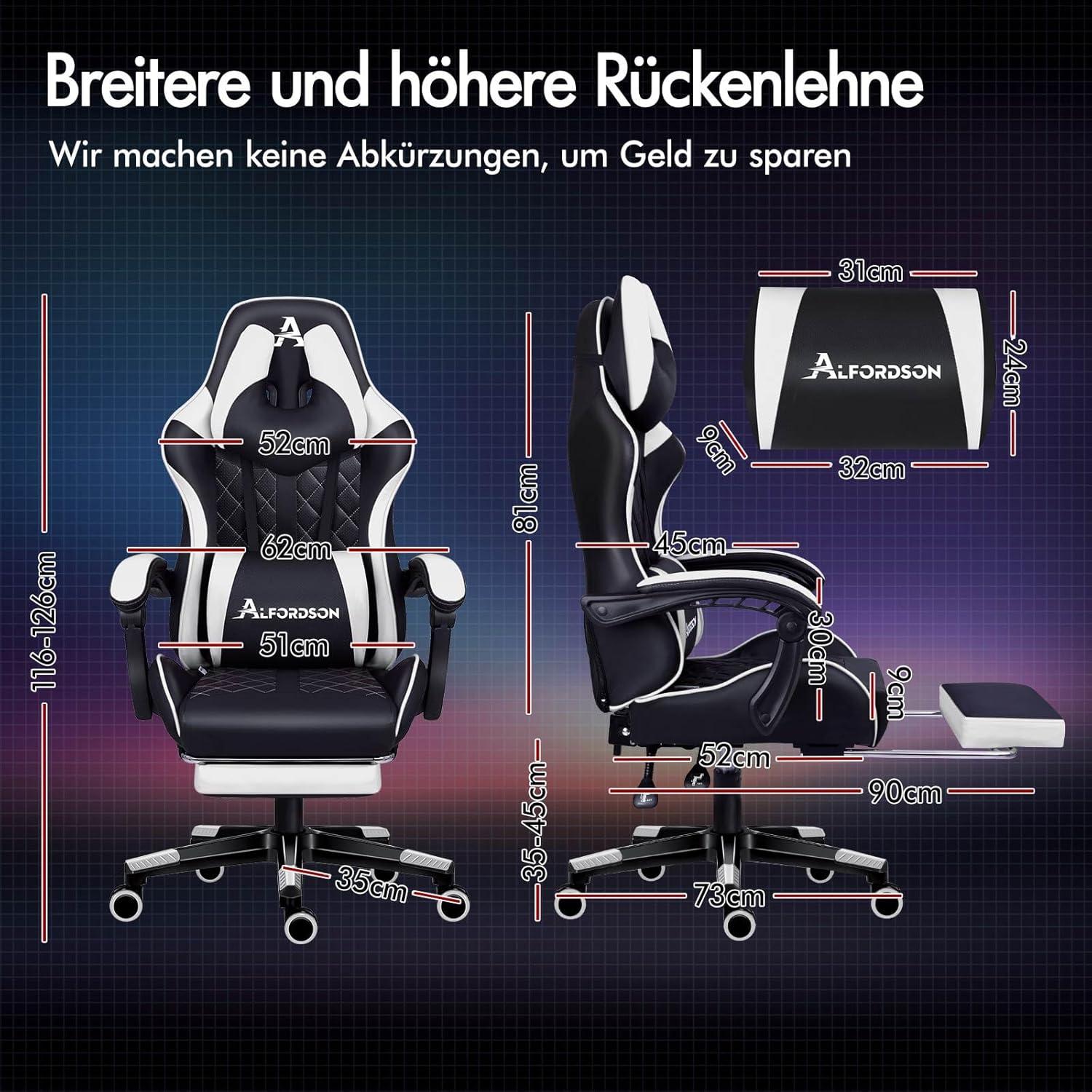 ALFORDSON Gaming-Stuhl Premium Weiß Ethan, Fußstütze