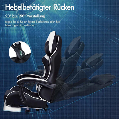ALFORDSON Gaming-Stuhl mit Fußstütze und Lordosenstütze, ergonomisches Design, 150° Neigung, 180 kg Tragkraft, Weiß-Ethan-Serie