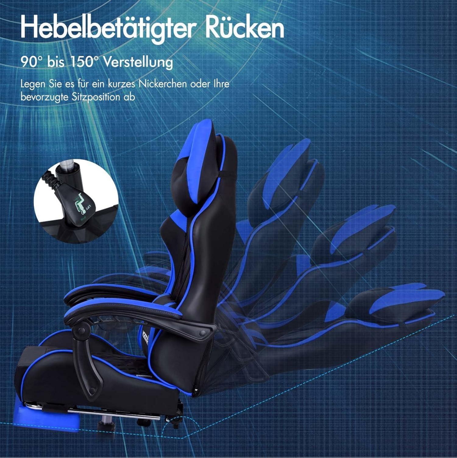 Premium Gaming Stuhl mit Fußstütze und Lordosenstütze, ergonomisches Design, 150° Neigung, 180 kg Tragkraft - Blau Ethan Series