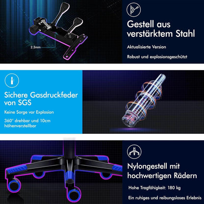 Ergonomischer Gaming Stuhl mit Fußstütze und Lordosenstütze 180 kg Blau