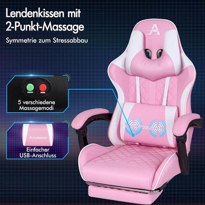 Ergonomischer Gaming-Stuhl mit Fußstütze und Massagefunktion, Rosa