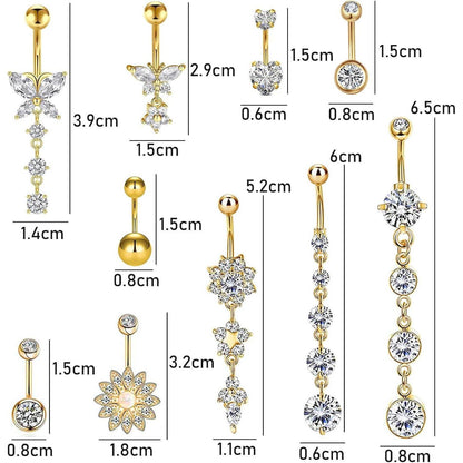 10er Set Bauchnabelpiercing Schmetterling Herz Blume Gold