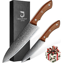 Damast Küchenmesser Set 2er Set | Japanisches Kochmesser & Gemüsemesser
