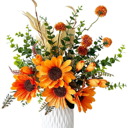 Künstlicher Sonnenblumenstrauß mit Eukalyptus und Herbstblumen 32cm Orange Grün