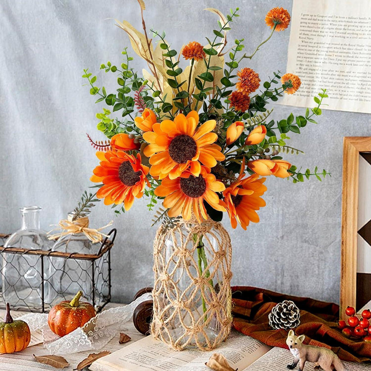 Künstlicher Sonnenblumenstrauß mit Eukalyptus und Herbstblumen 32cm Orange Grün
