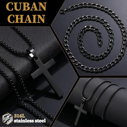 Herren Halskette Set Kreuz Anhänger Kubanische Kette Silber/Gold/Schwarz